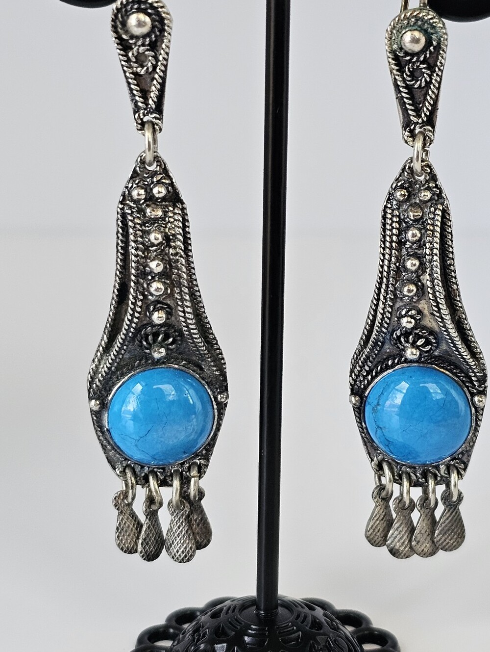 Vintage 950 Silver Turquoise Chandelier Earrings, Heavy 16g Artisan Handmade - Picture 3 of 8